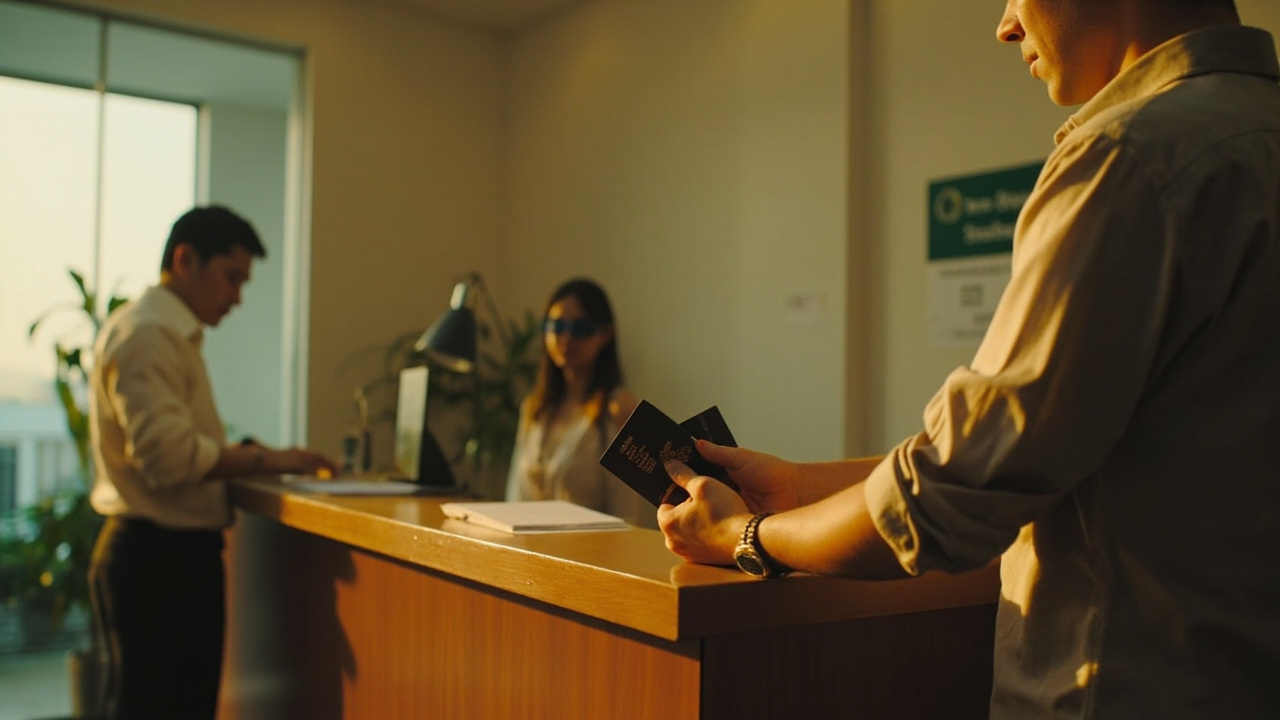 Quiet Phnom Penh immigration agent office counter with an Australian traveller handing over a passport, neutral warm light
