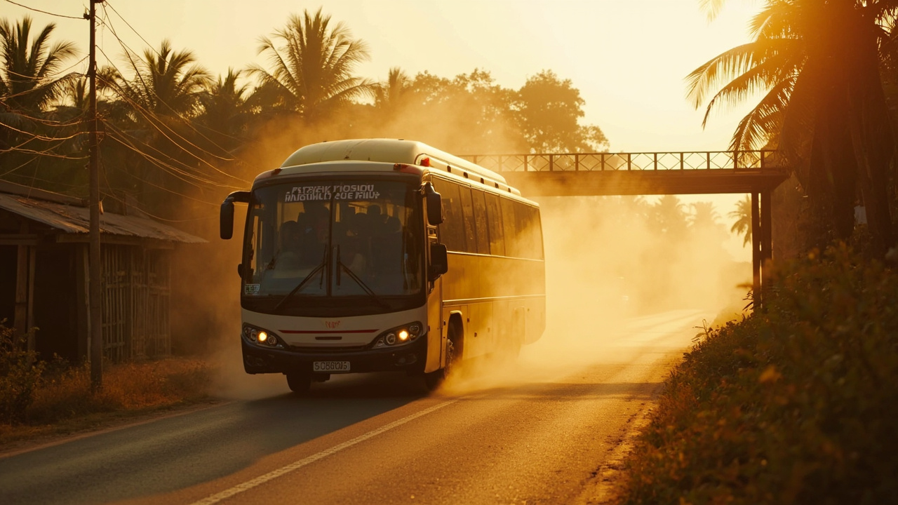 Wide warm-light shot of a bus arriving at a Mekong-region land border post, no specific operator branding