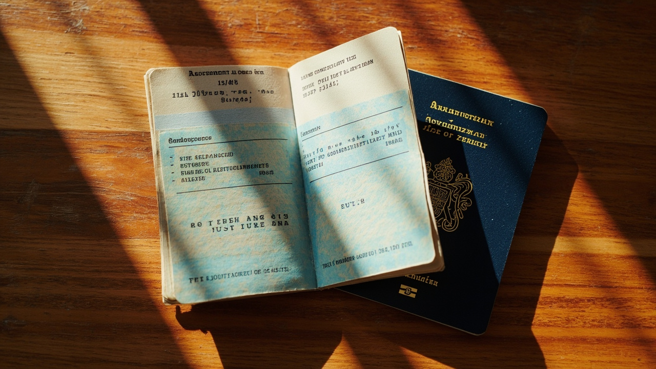 Overhead Australian passport open to a clean page (no legible stamp text), warm wooden surface