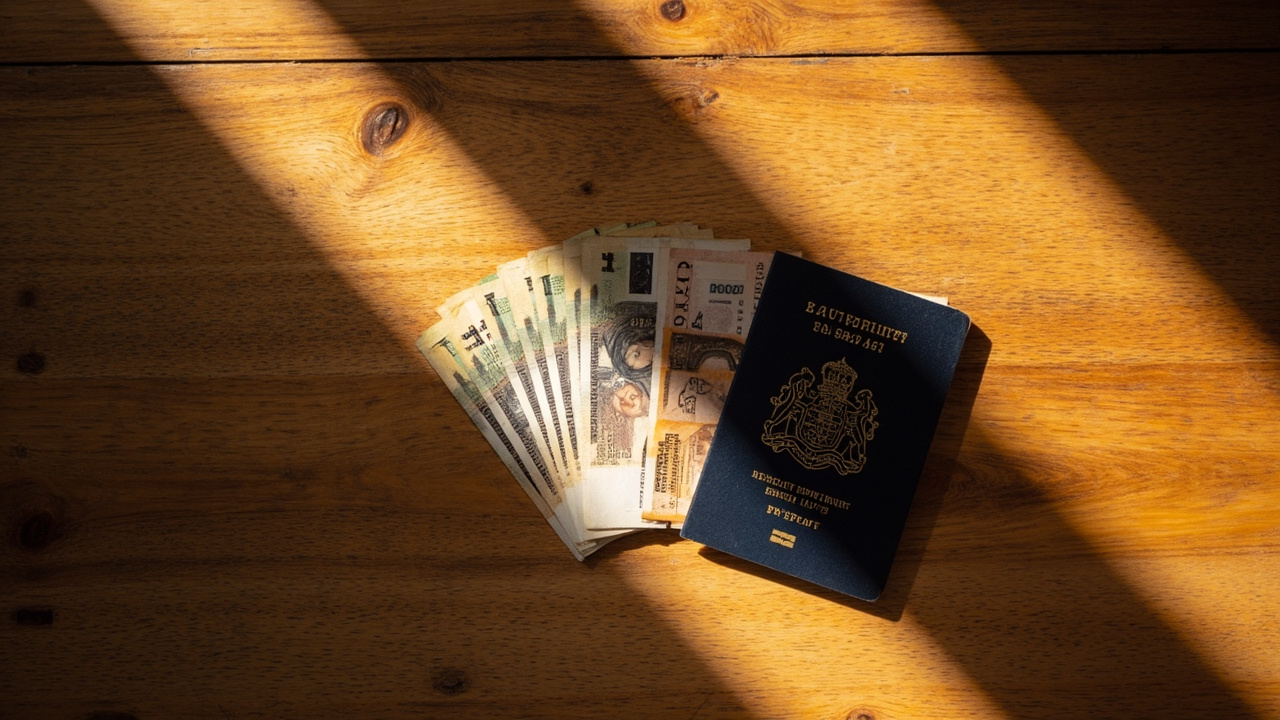 Overhead crisp USD bills on a warm wooden surface (no legible serial numbers), Australian passport beside