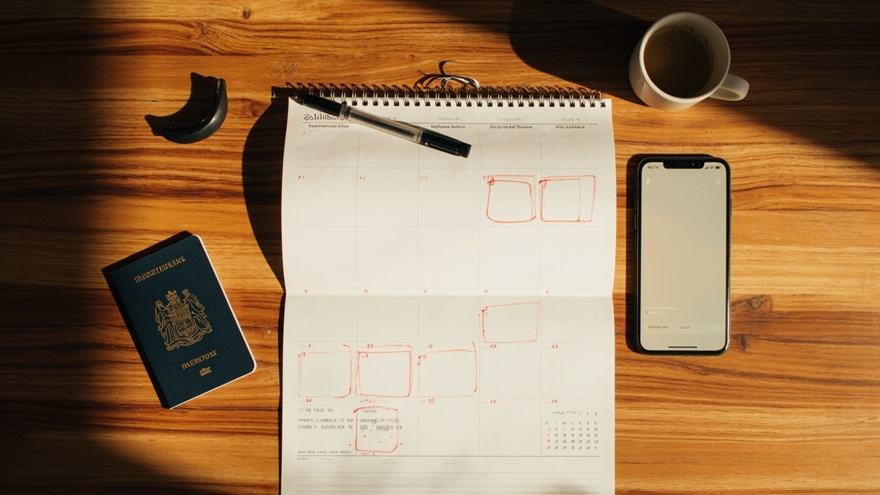 Overhead flat-lay of a printed wall calendar with several softly circled dates spaced across months, beside a closed Australian passport and a smartphone showing a generic calendar UI on a warm timber desk
