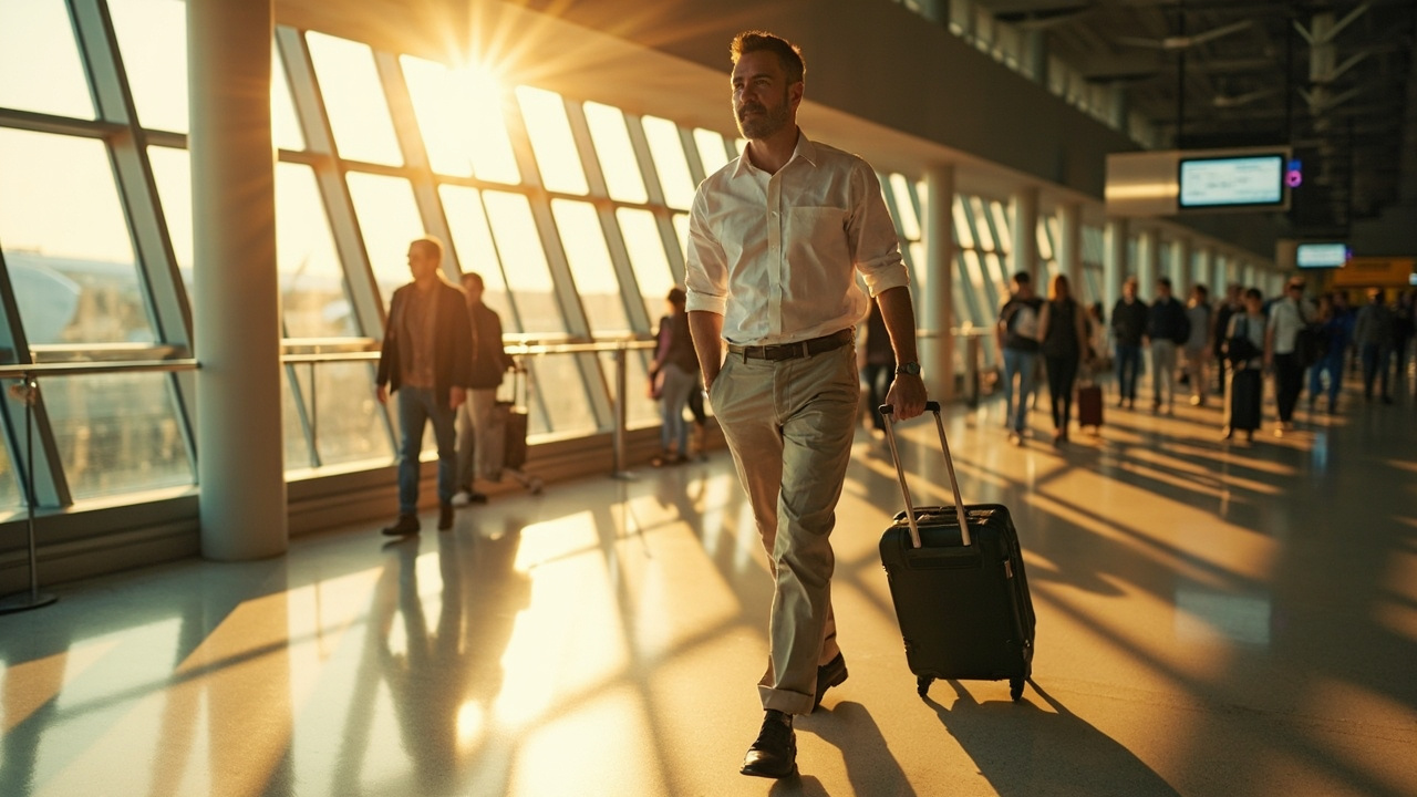 Australian business consultant in their 30s walking calmly through a sunlit international airport departures hall with a small dark carry-on, no airline branding