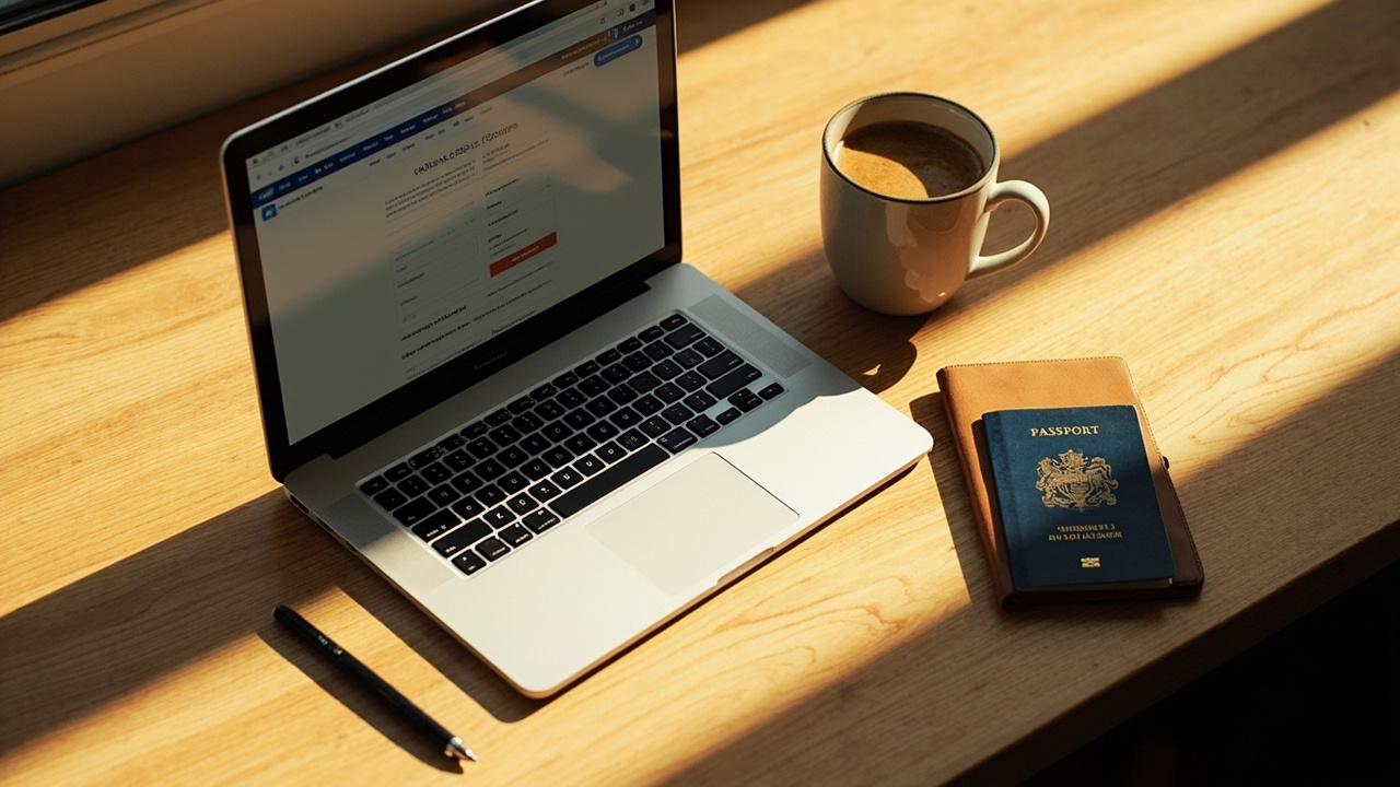 Overhead view of an open laptop with a soft-focus generic checkout screen on a warm timber desk beside a closed Australian passport and a ceramic coffee mug