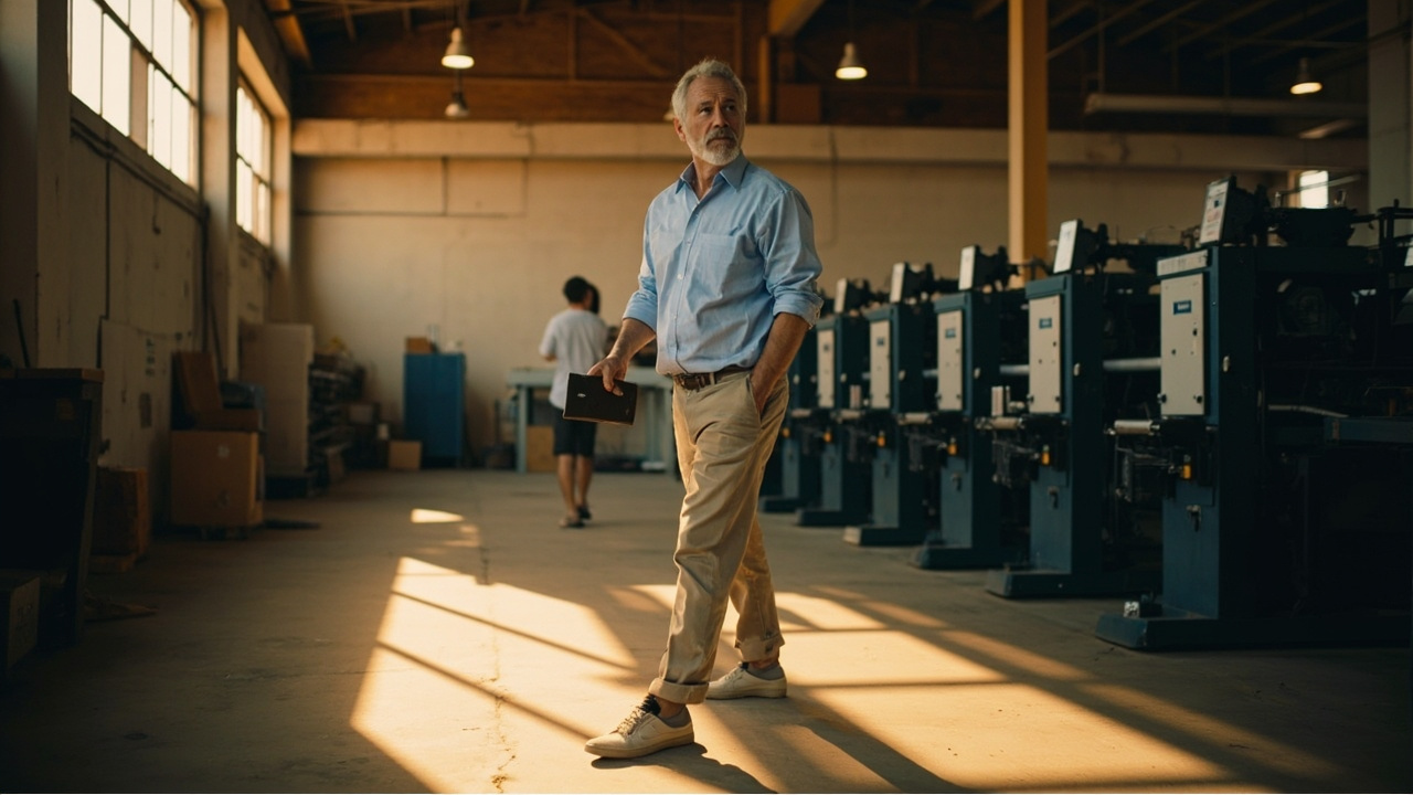 Soft-focus interior of a tidy garment workshop with an Australian supply-chain manager in smart-casual clothing walking past neat rows of unbranded equipment in warm natural light