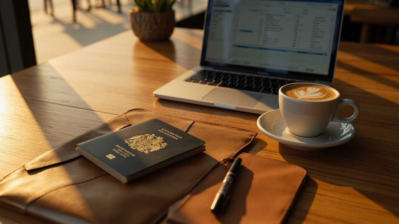 Australian passport resting on a slim leather travel folio beside an open laptop at a quiet airport cafe at golden hour, suggesting a consultant between meetings