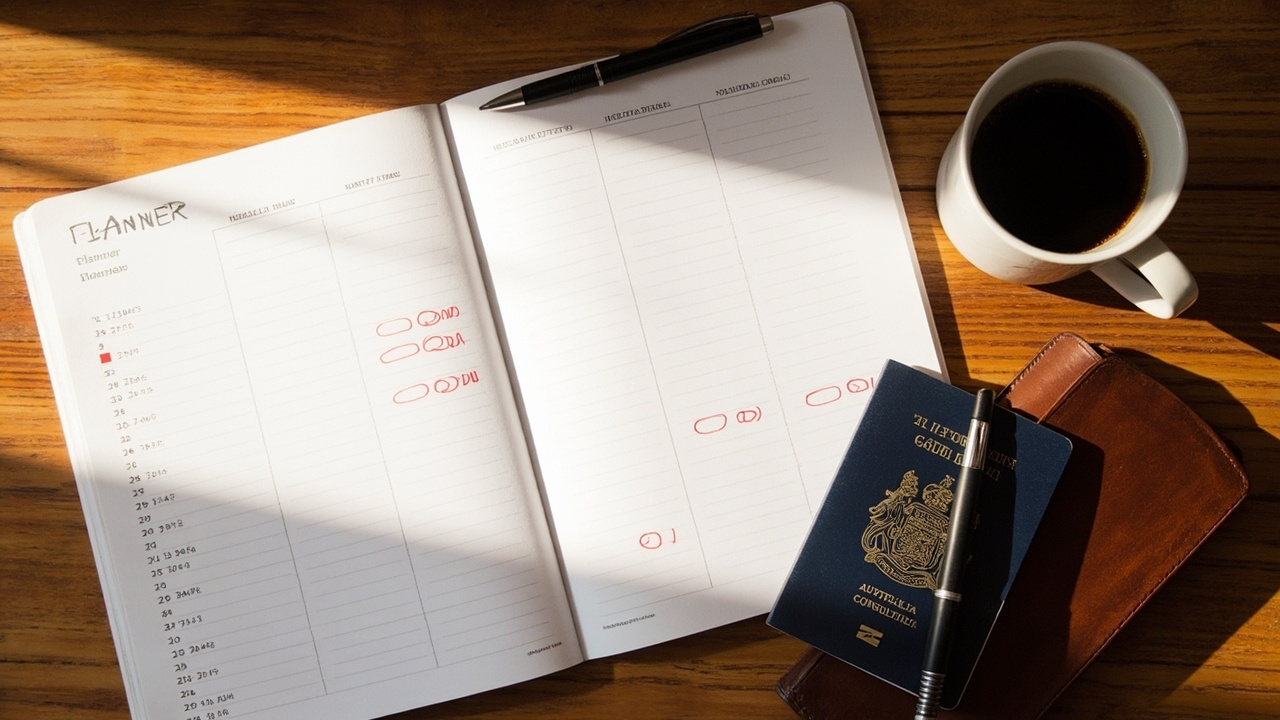Overhead flat-lay of a printed monthly planner with eight dates softly marked across the year, beside a closed Australian passport on a warm timber desk