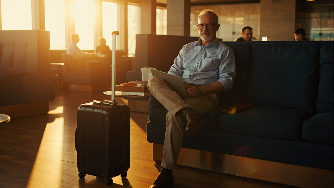 Australian management consultant in their 30s seated calmly in a sunlit airport lounge with a small carry-on and a closed laptop on the side table