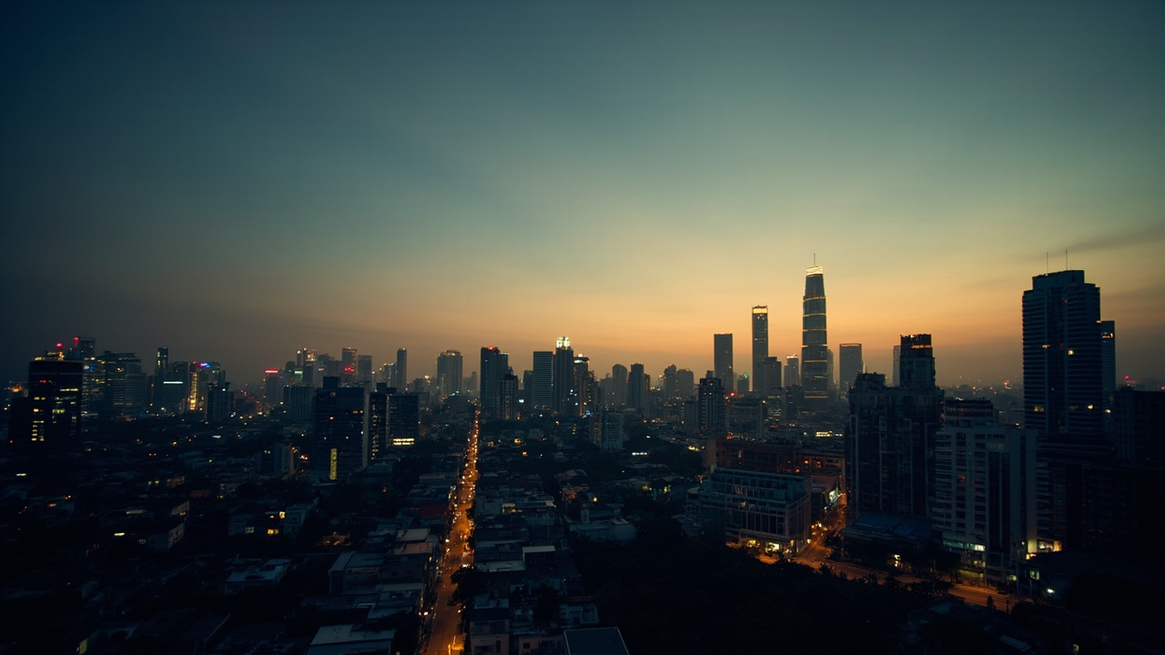 Wide warm-dusk view of a soft-focus Asian city skyline from a hotel window, neutral palette, no faces, no recognisable signage