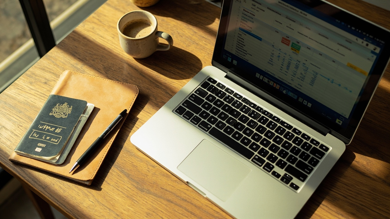 Overhead view of an open laptop with a soft-focus generic spreadsheet on the screen on a warm timber desk beside a notebook and pen, suggesting a cost comparison