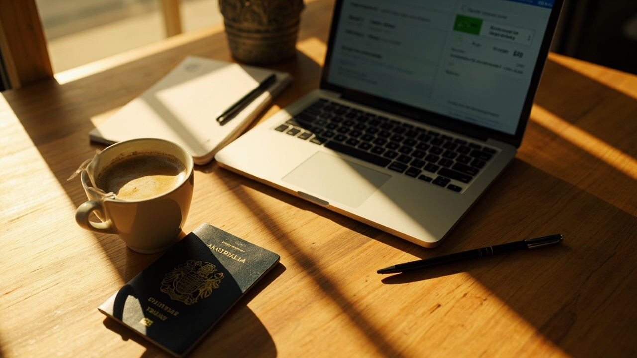 Overhead view of an Australian passport, a coffee cup, and a laptop screen showing a soft-focus visa application checkout on a warm wooden desk in golden-hour light