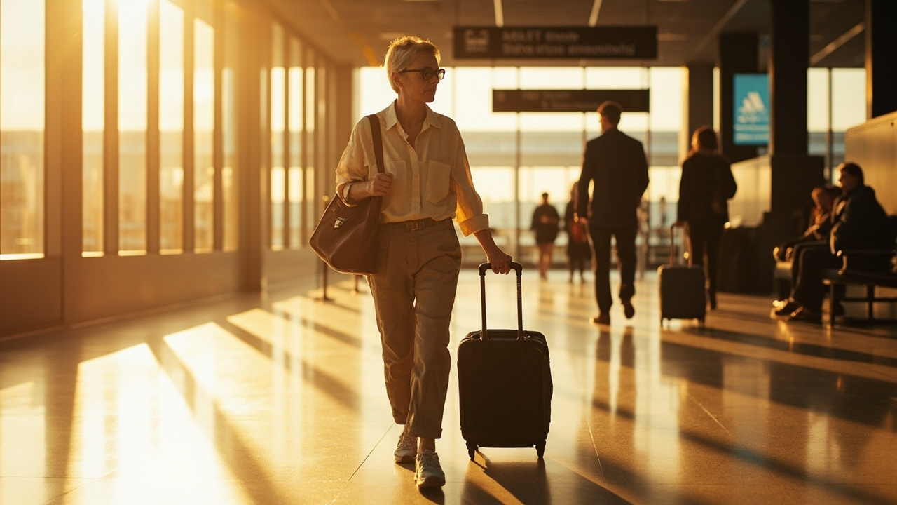 Australian woman in her late 30s walking through a sunlit international airport departure hall with a slim carry-on at golden hour