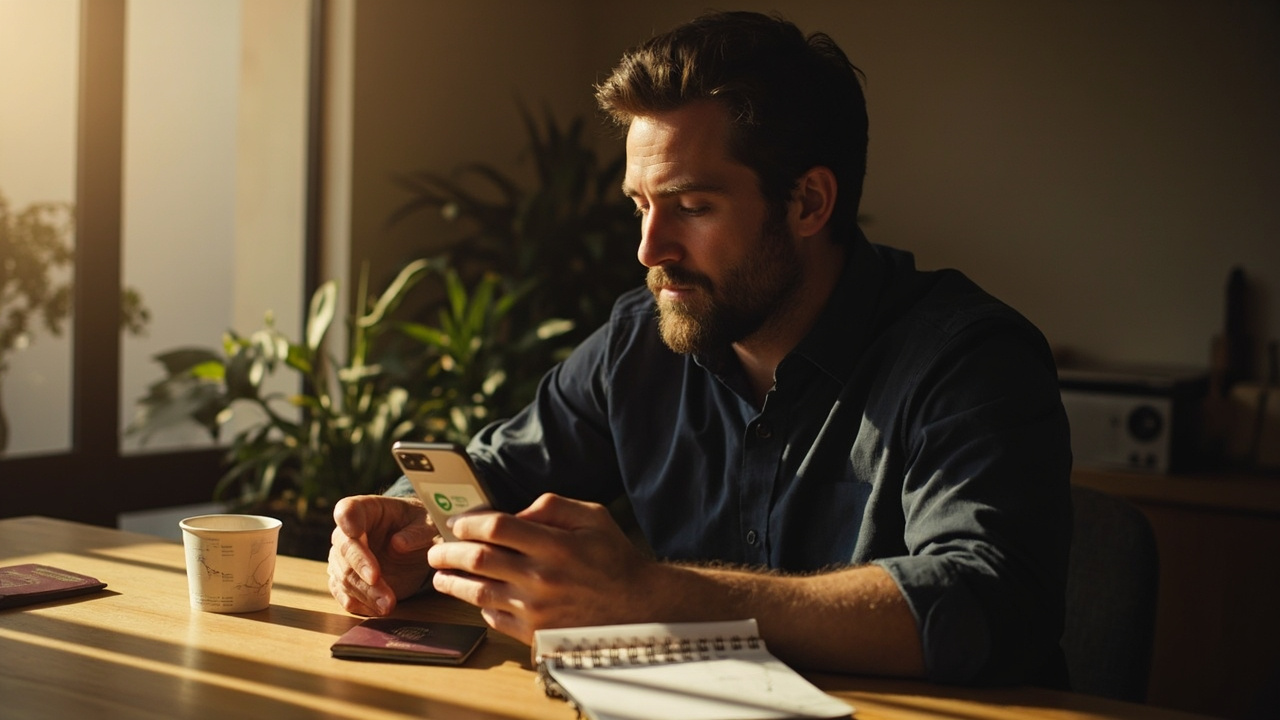 Australian man in his 30s sitting at a sunlit kitchen table holding an iPhone with a generic visa application form on screen, calm focused expression