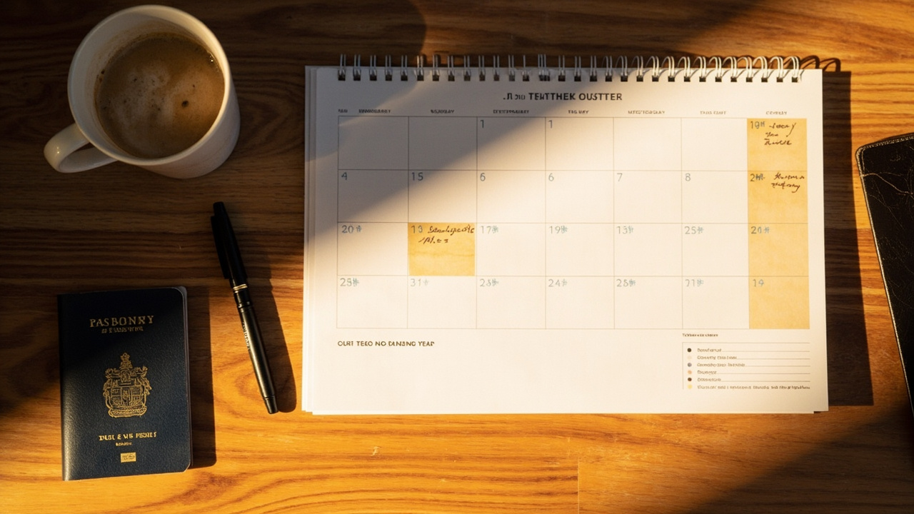Overhead flat-lay of a year-long wall calendar with several dates softly highlighted, alongside an Australian passport and a takeaway coffee on a warm wooden desk