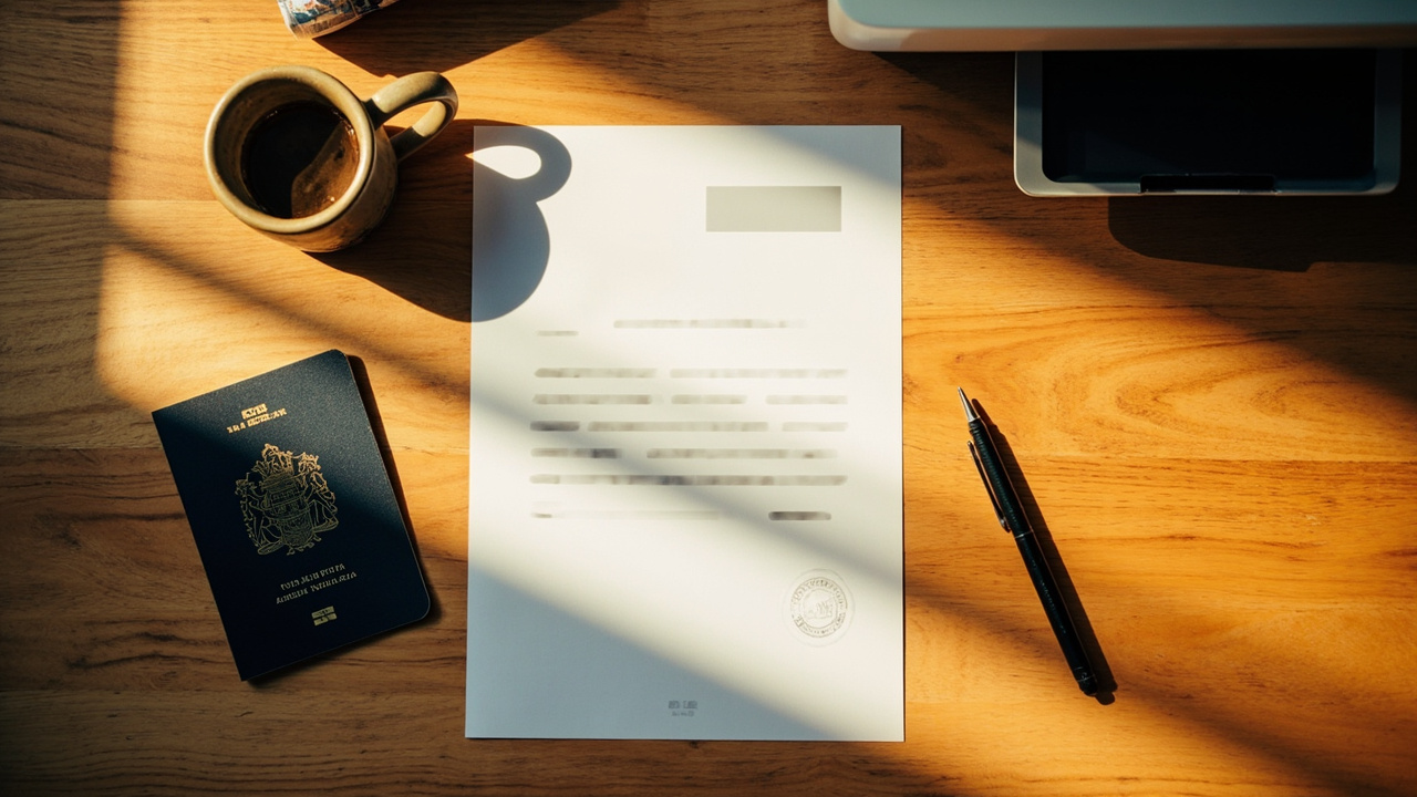 Overhead flat-lay of a freshly printed A4 visa document beside an Australian passport and a printer on a warm timber desk