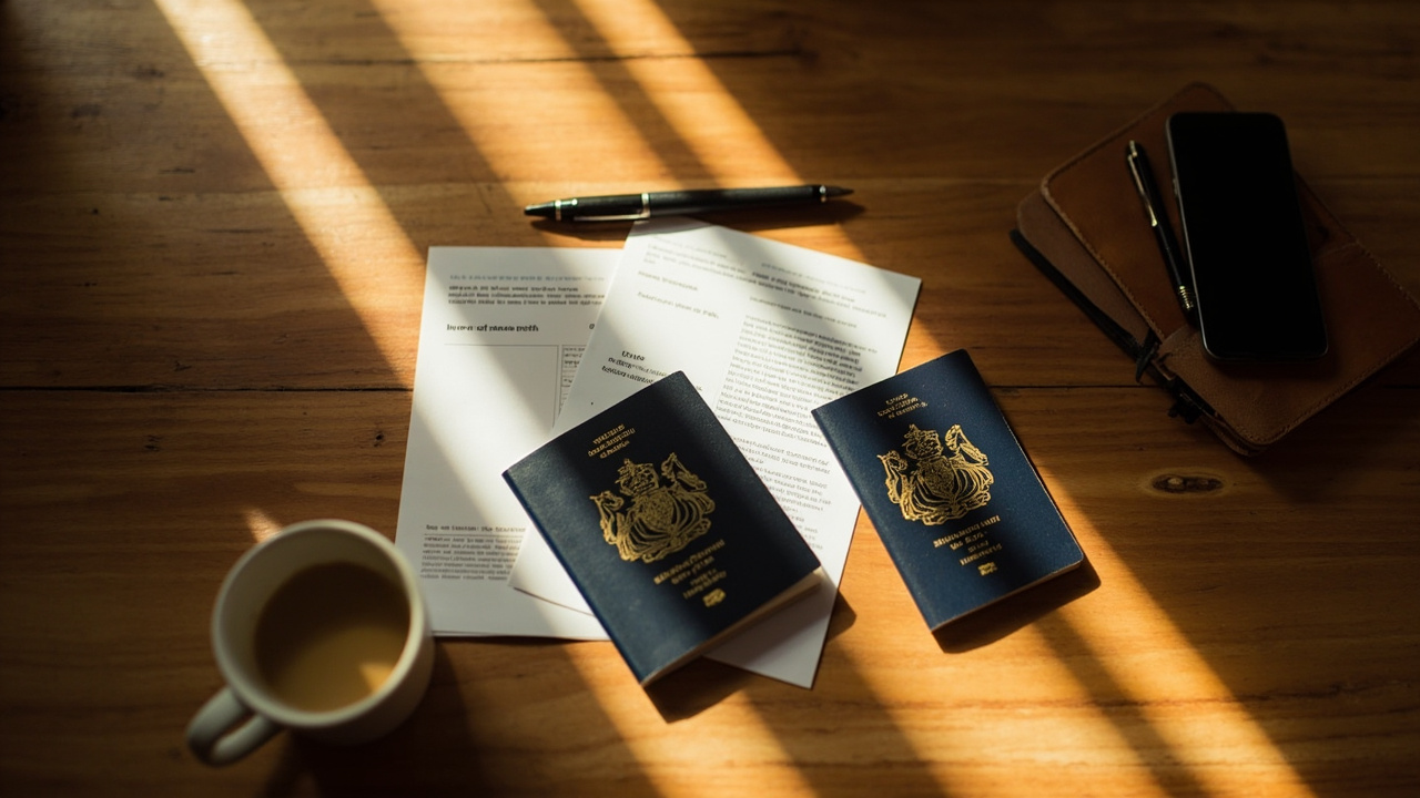 Overhead flat-lay of two soft-focus printed visa-style documents at angles either side of an Australian passport on a warm wooden desk at golden hour