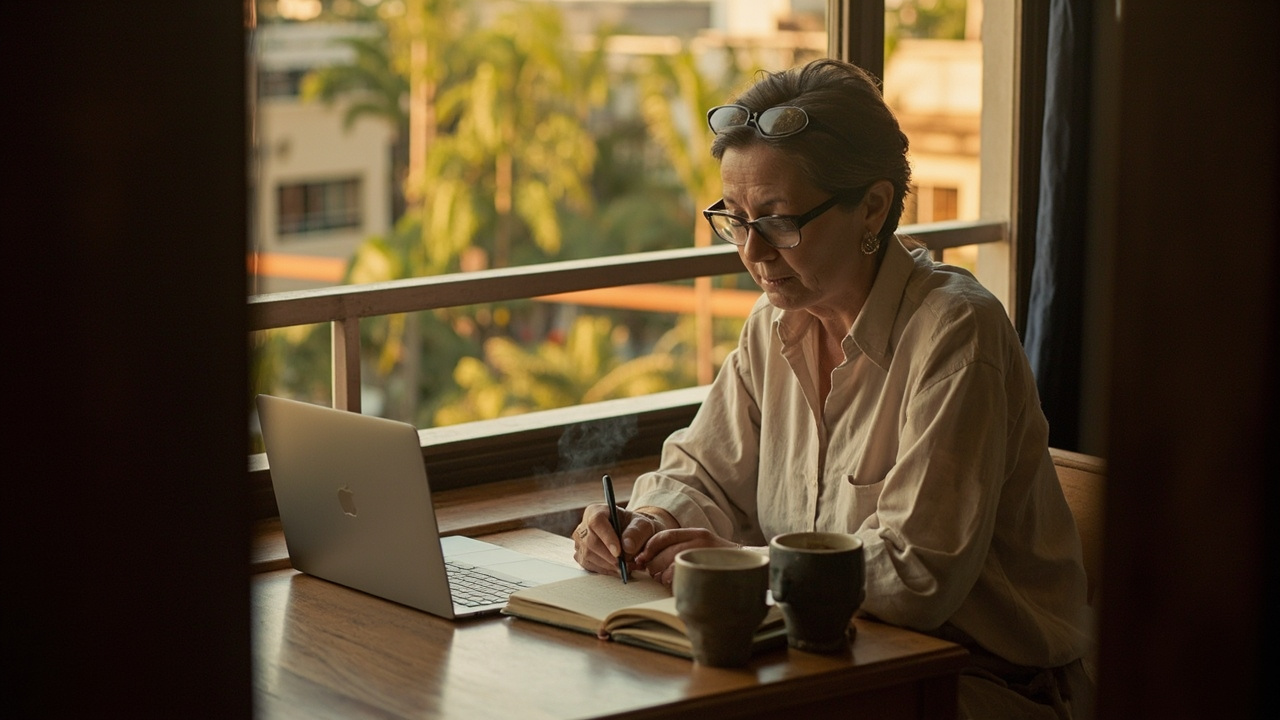 Australian woman in her 40s sitting at a sunlit Phnom Penh balcony desk with a laptop and notebook, calm focused expression