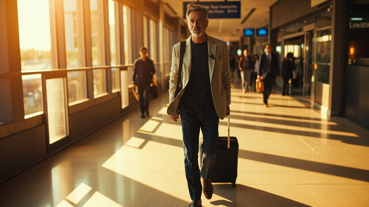 Australian man in his 40s in business-casual attire walking through a sunlit international airport with a slim laptop bag, calm composed expression
