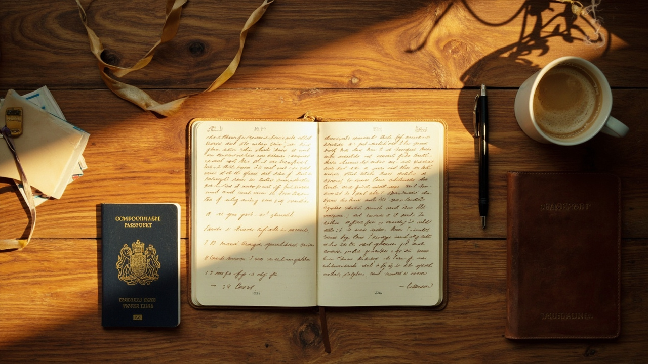 Overhead flat-lay of two side-by-side notebooks with handwritten soft-focus comparison columns, an Australian passport, and a coffee mug on a warm wooden desk