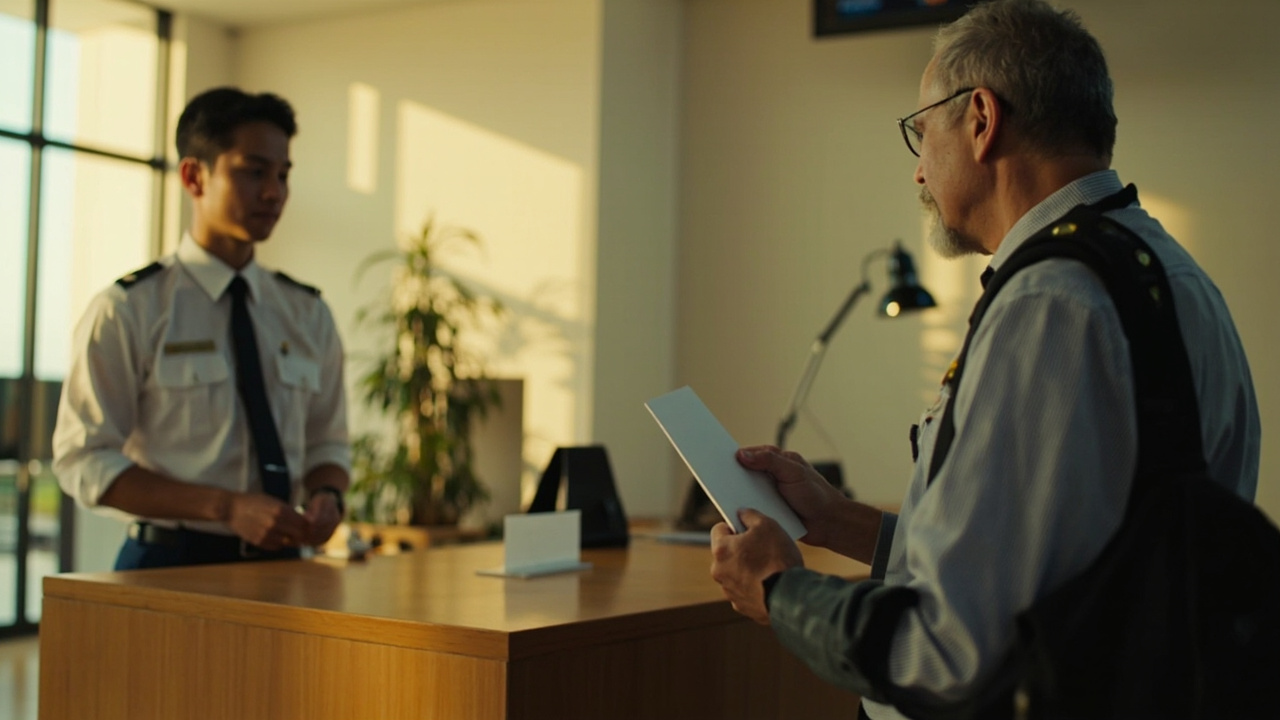 Quiet immigration counter scene with an Australian traveller handing over a passport and printed document to a soft-focus officer, neutral warm interior