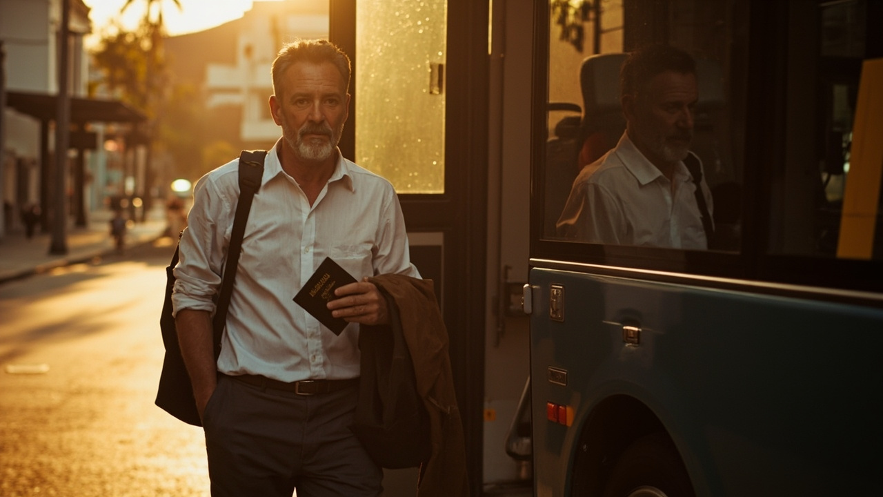 Australian business traveller boarding an early morning bus in Phnom Penh for the Bavet land crossing, soft golden-hour light, carrying a laptop bag and folded jacket