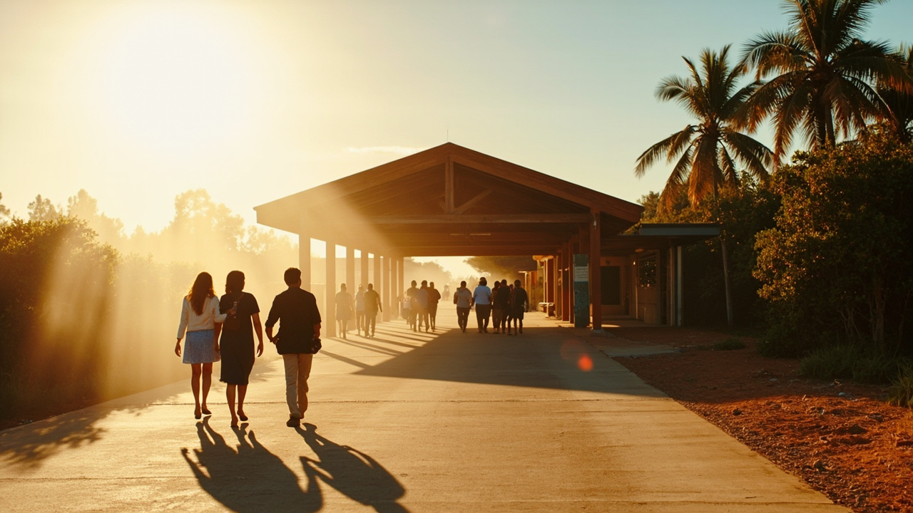 Travellers approaching a quiet land border immigration shelter under late morning sun, soft dust in the air