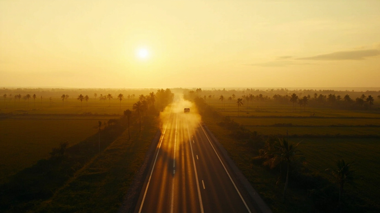 Wide warm-light view of a sealed two-lane highway running through Mekong-region farmland, rice paddies and palm trees framing the road