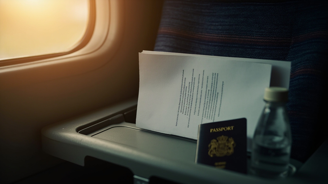 Folded printed eVisa PDF tucked into a folded passport on a coach seat tray with morning light, no legible text