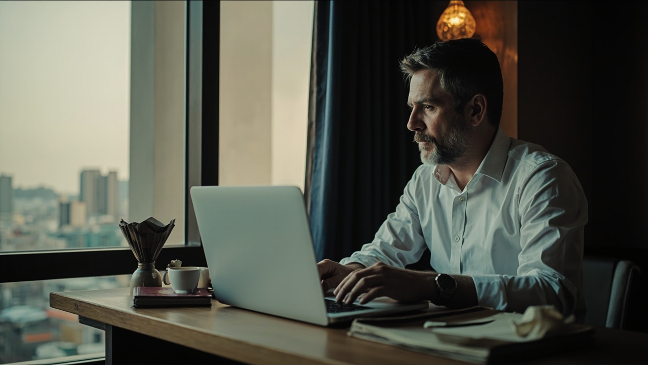 Australian consultant working at a Saigon hotel desk with a laptop, closed Australian passport, and a small Vietnamese drip coffee in soft window light
