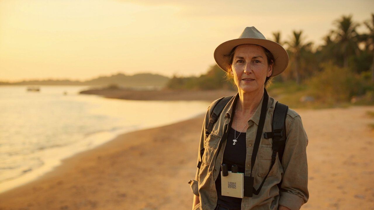 Australian traveller in lightweight wildlife gear standing on a quiet Mekong bank near the Cambodia-Laos corridor at golden hour, binoculars at chest, soft river current behind