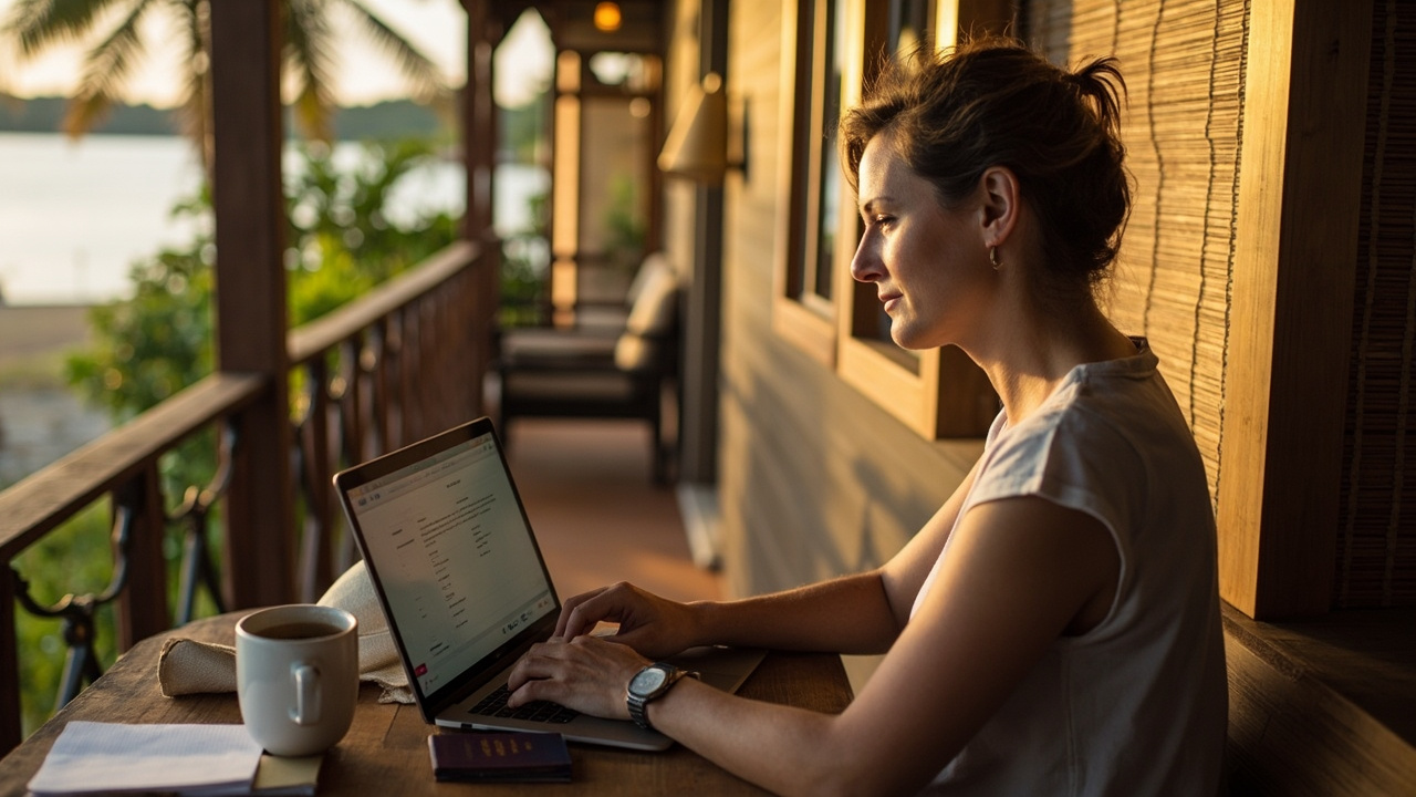 Australian traveller filing visa application on a laptop at a small wooden table in a Pakse guesthouse veranda, soft afternoon light through bamboo screens