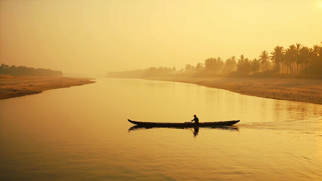 Wide warm-light Mekong landscape near Stung Treng with a small wooden longboat and palm-fringed riverbank, no recognisable signage