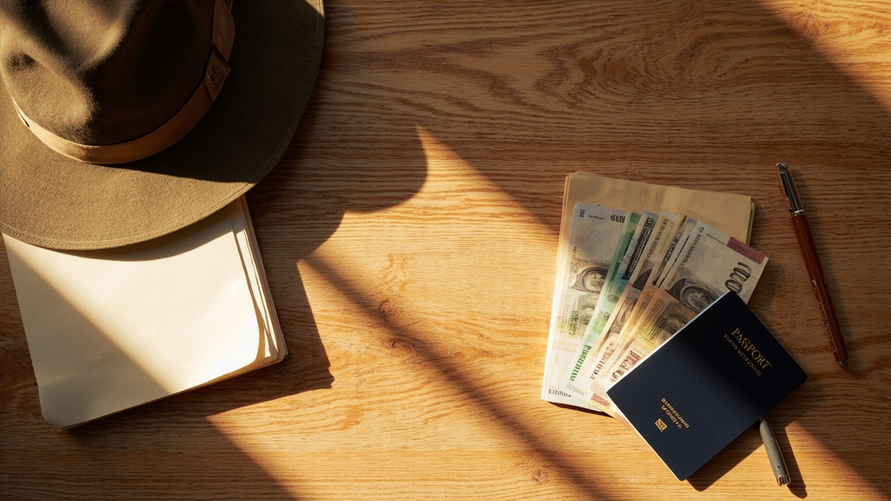 Overhead flat-lay of clean small USD notes, a closed Australian passport, and a small paper map fragment on a warm timber surface
