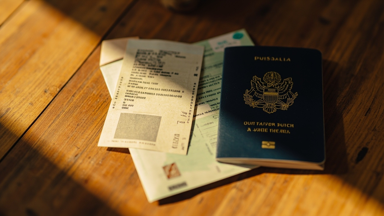 Overhead close-up of an Australian passport open to an interior page showing a soft-focus multi-entry stamp, on a warm wooden desk in golden afternoon light