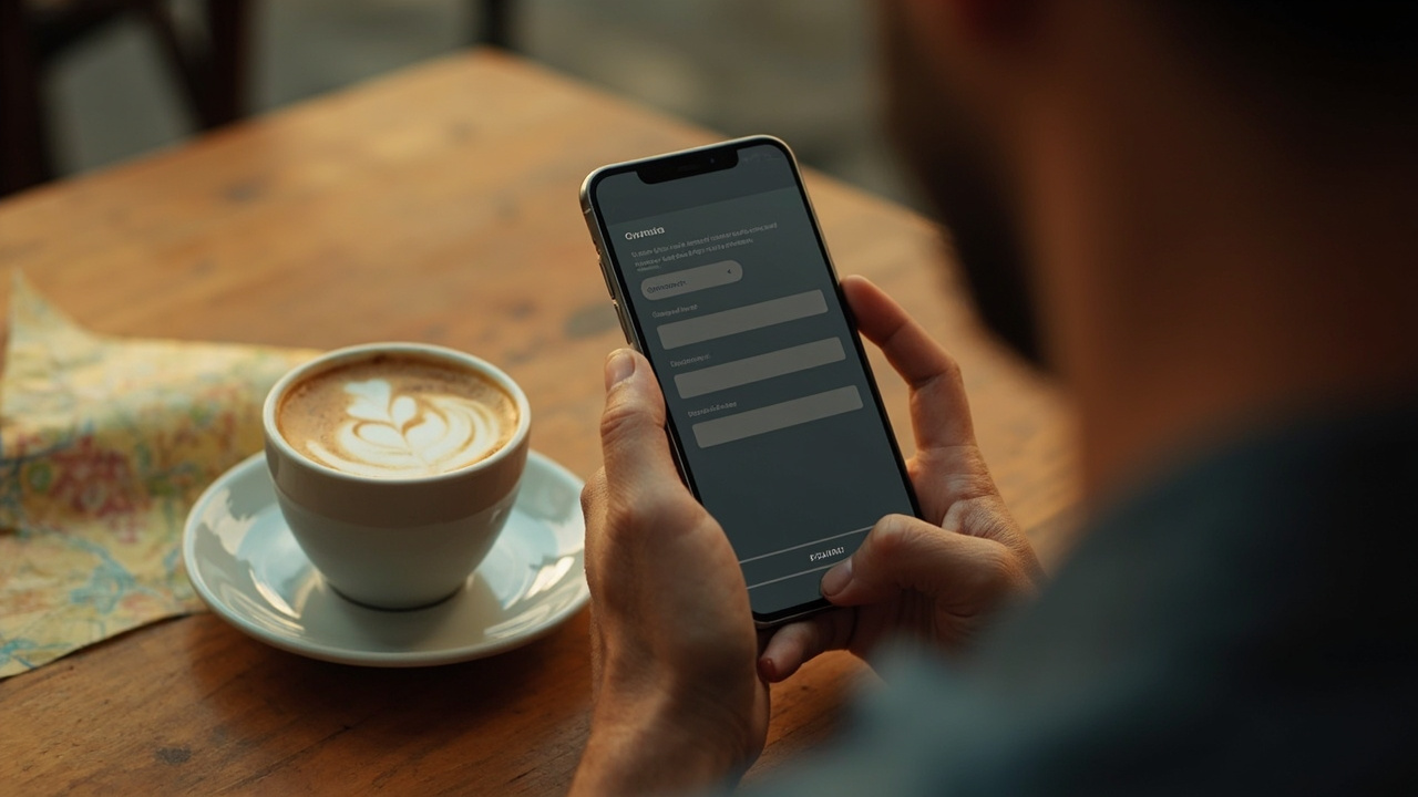 Close-up of an Australian traveller's hands holding a smartphone showing a soft-focus generic arrival-card form interface beside a ceramic coffee cup on a warm timber cafe table