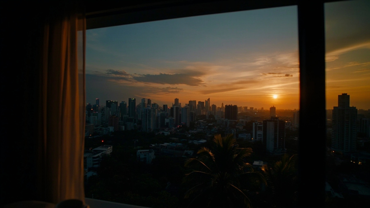 Wide cinematic view of a generic tropical Southeast Asian city skyline at dusk from a hotel window, warm lights coming on, no recognisable landmarks