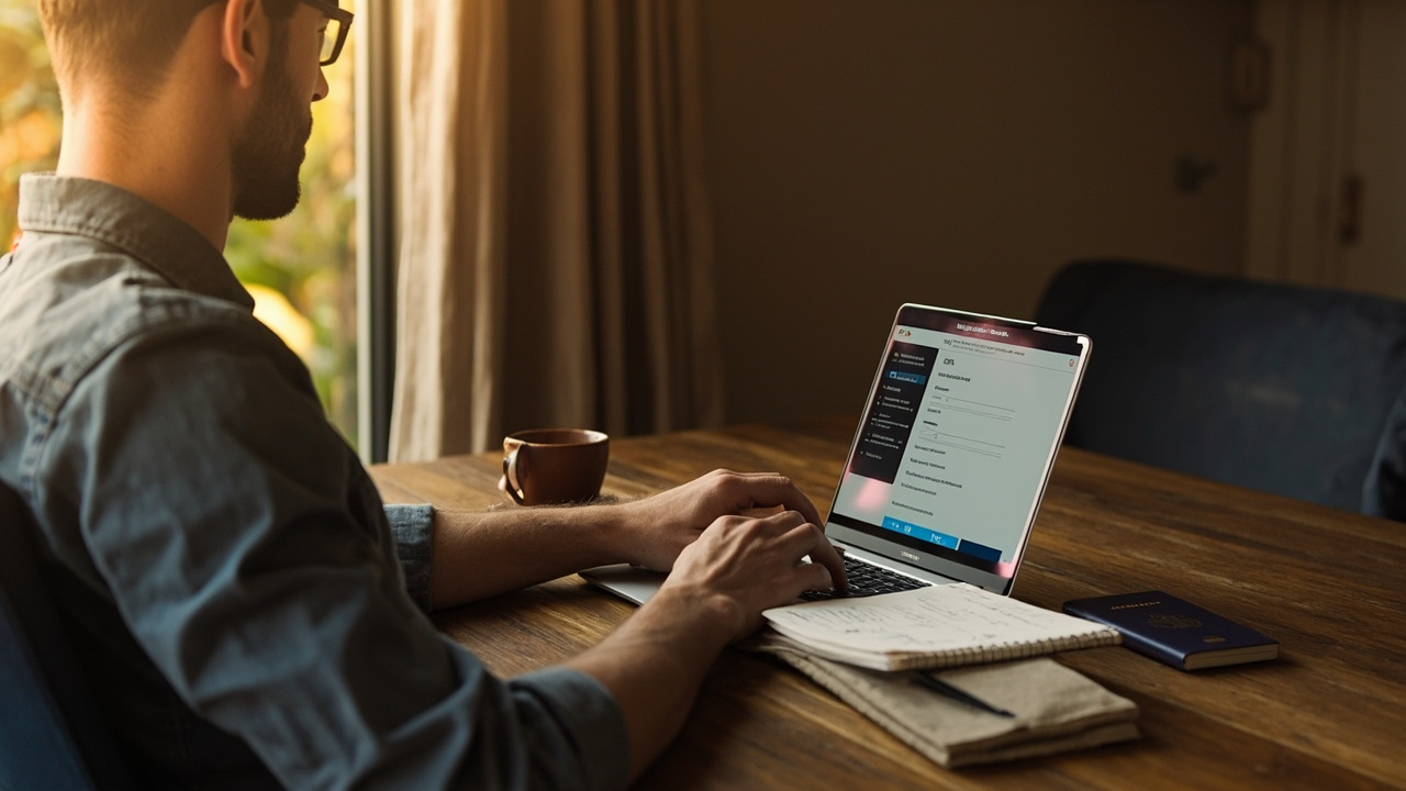 Australian traveller at a sunlit Canberra home desk completing an eVisa application on a laptop as the fast alternative to the embassy route