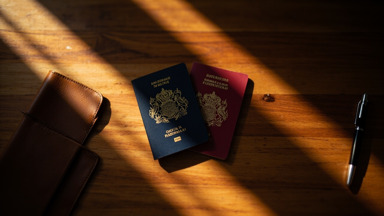 Overhead flat-lay of a closed Australian passport beside a soft-focus diplomatic-style passport on a warm wooden desk