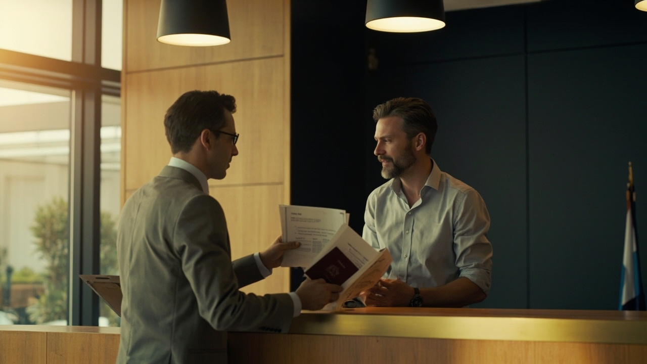 Australian traveller handing paperwork across a polished wooden counter at a generic government-office interior