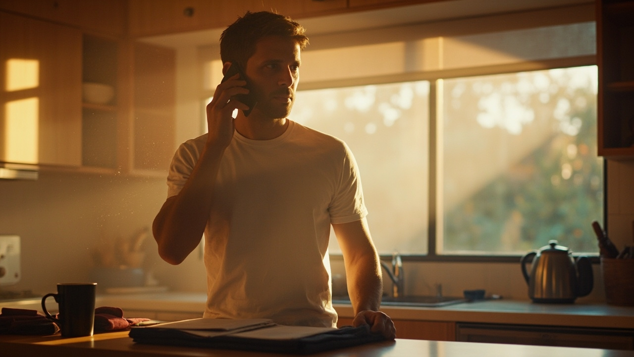Australian traveller on a phone call in a sunlit kitchen, warm light, calm body language