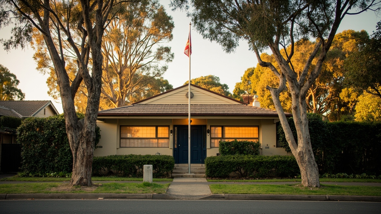 Wide editorial shot of a generic embassy-style building exterior in Canberra at warm afternoon light