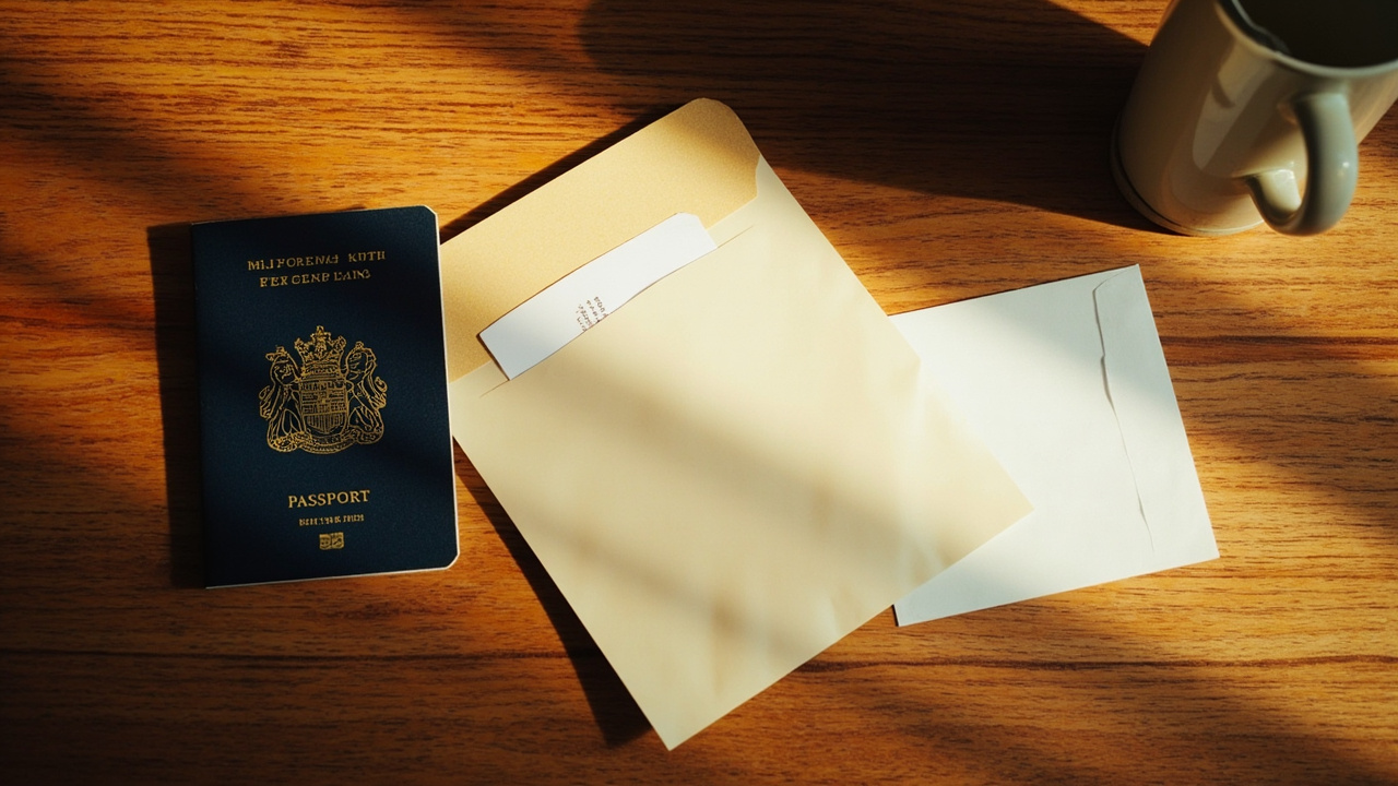 Overhead flat-lay of a passport-sized envelope on a warm wooden desk beside an Australian passport