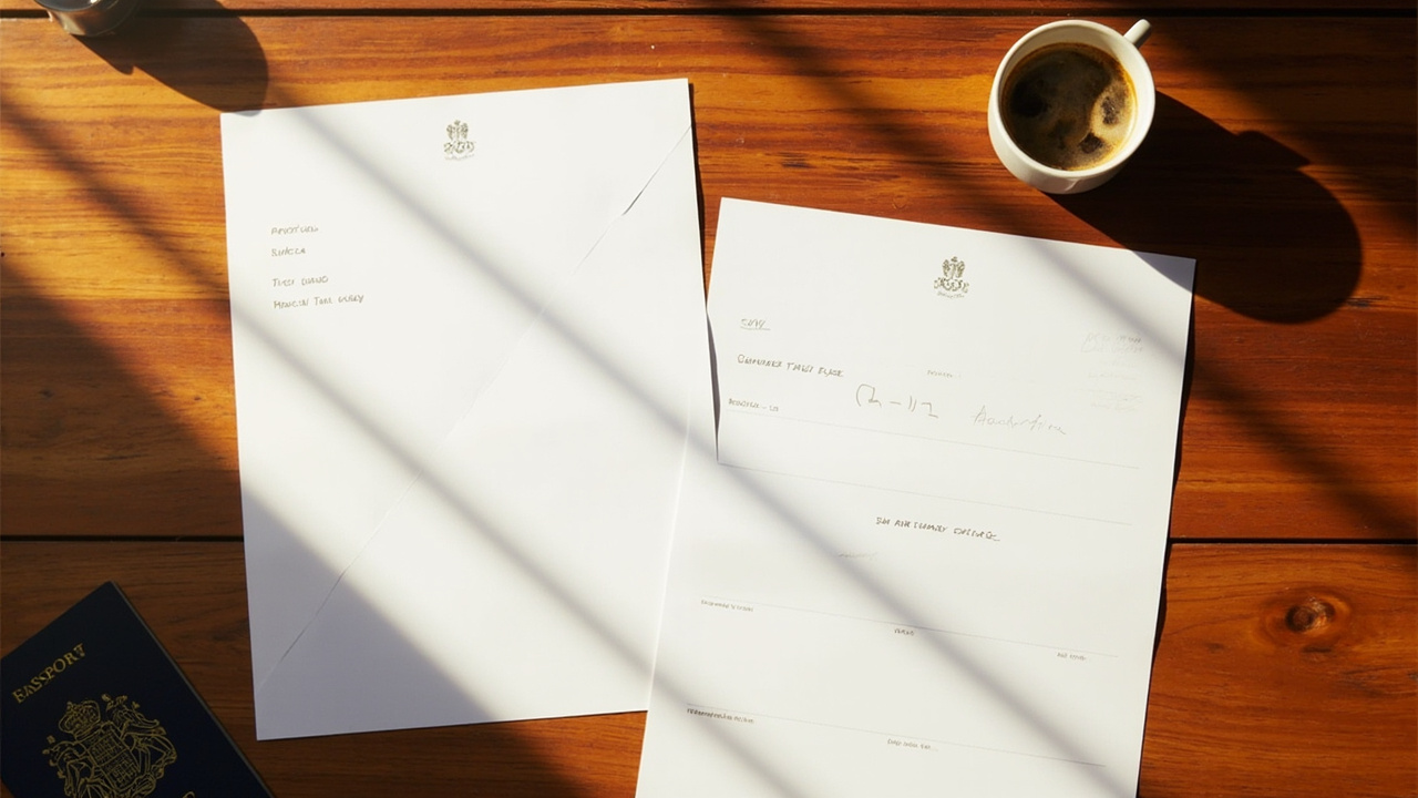 Overhead two folded sheets side by side on a warm desk, one labelled-but-not-legible eVisa, one embassy visa style, with a coffee