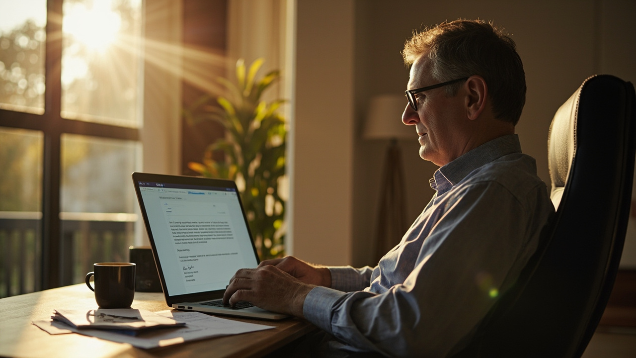 Australian Business applicant typing a cover letter on a laptop at a sunlit home desk, soft natural light, calm focused expression