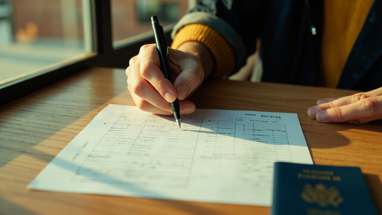Close-up of an Australian applicant's hand filling in a printed paper visa application form with a black ballpoint pen at a sunlit timber desk