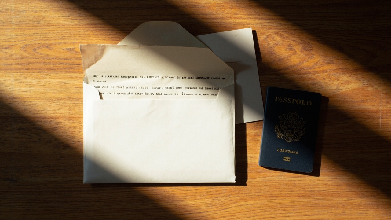 Overhead view of a plain envelope, money-order paper, and a folded application file on a warm timber desk in soft natural light