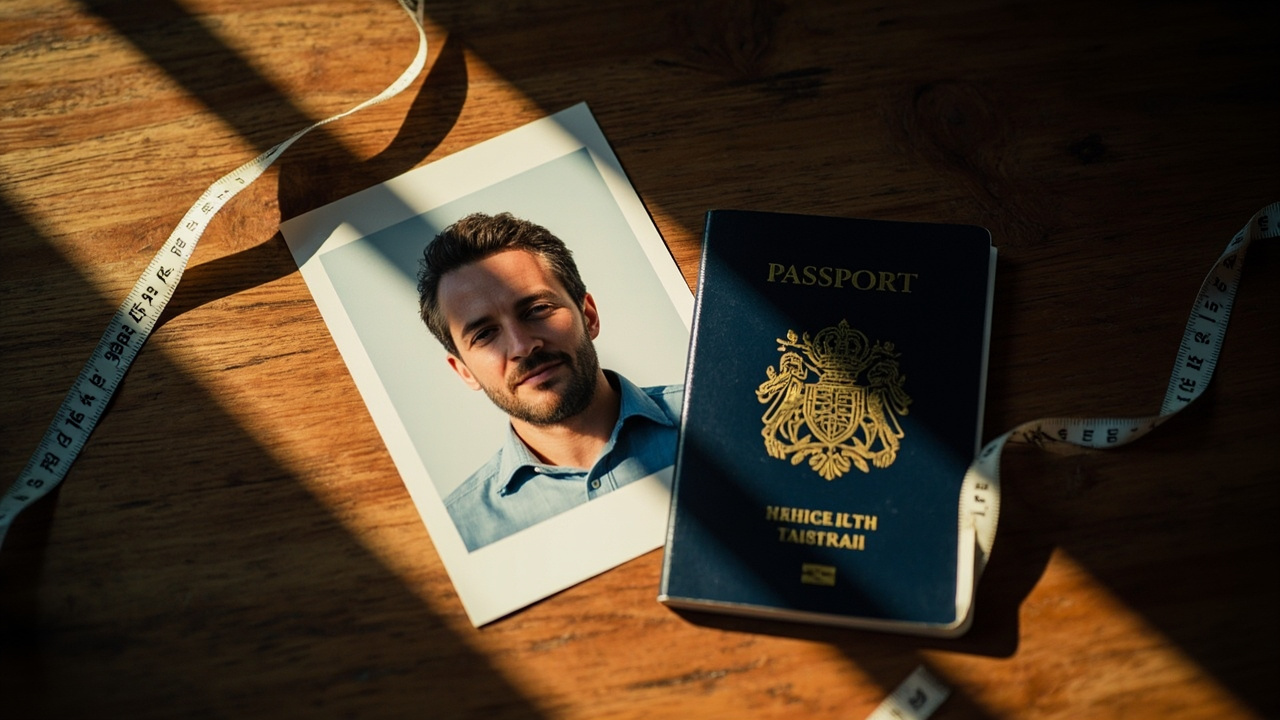 Close-up of a single 35x45 mm printed passport-style photo of an anonymous traveller on photo paper beside a closed Australian passport