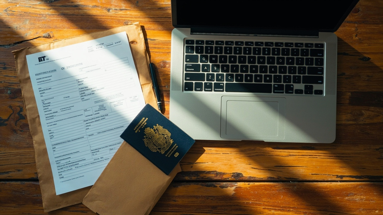 Overhead editorial flat-lay of a closed Australian passport, a printed paper application form with a prepaid AusPost satchel, and a laptop showing a soft eVisa form, on warm timber