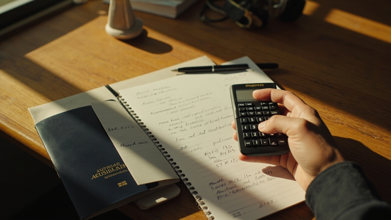 Close-up of an Australian traveller's hand using a calculator beside a paper budget notebook and a closed passport at a sunlit desk