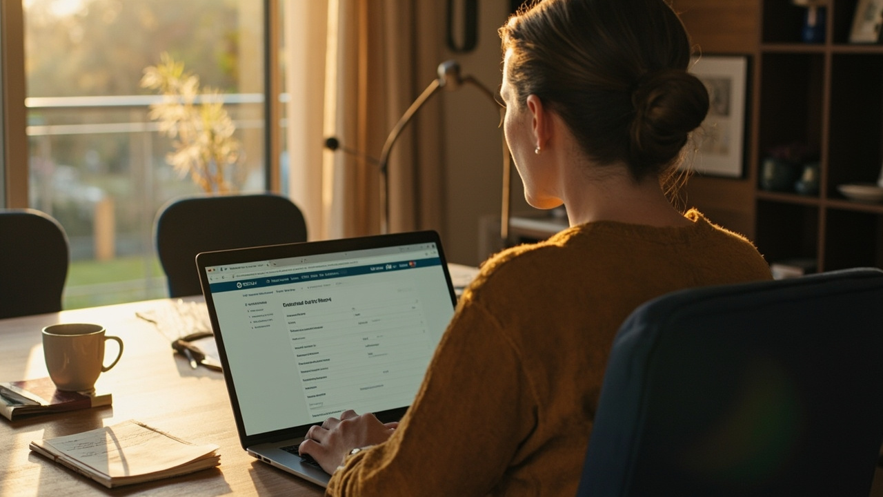 Australian traveller at a sunlit home desk completing an eVisa application on a laptop, focused and calm