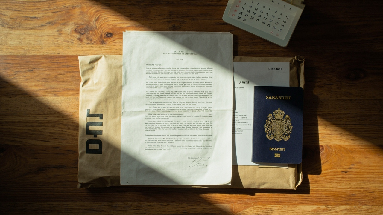 Slow paper-file composition — folded paper application, a plain mailer satchel, and a closed Australian passport on warm timber